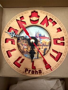 Vintage Handmade Wooden Prague Clock w/Laser-Cut Hebrew Numerals & Hamsa Symbol